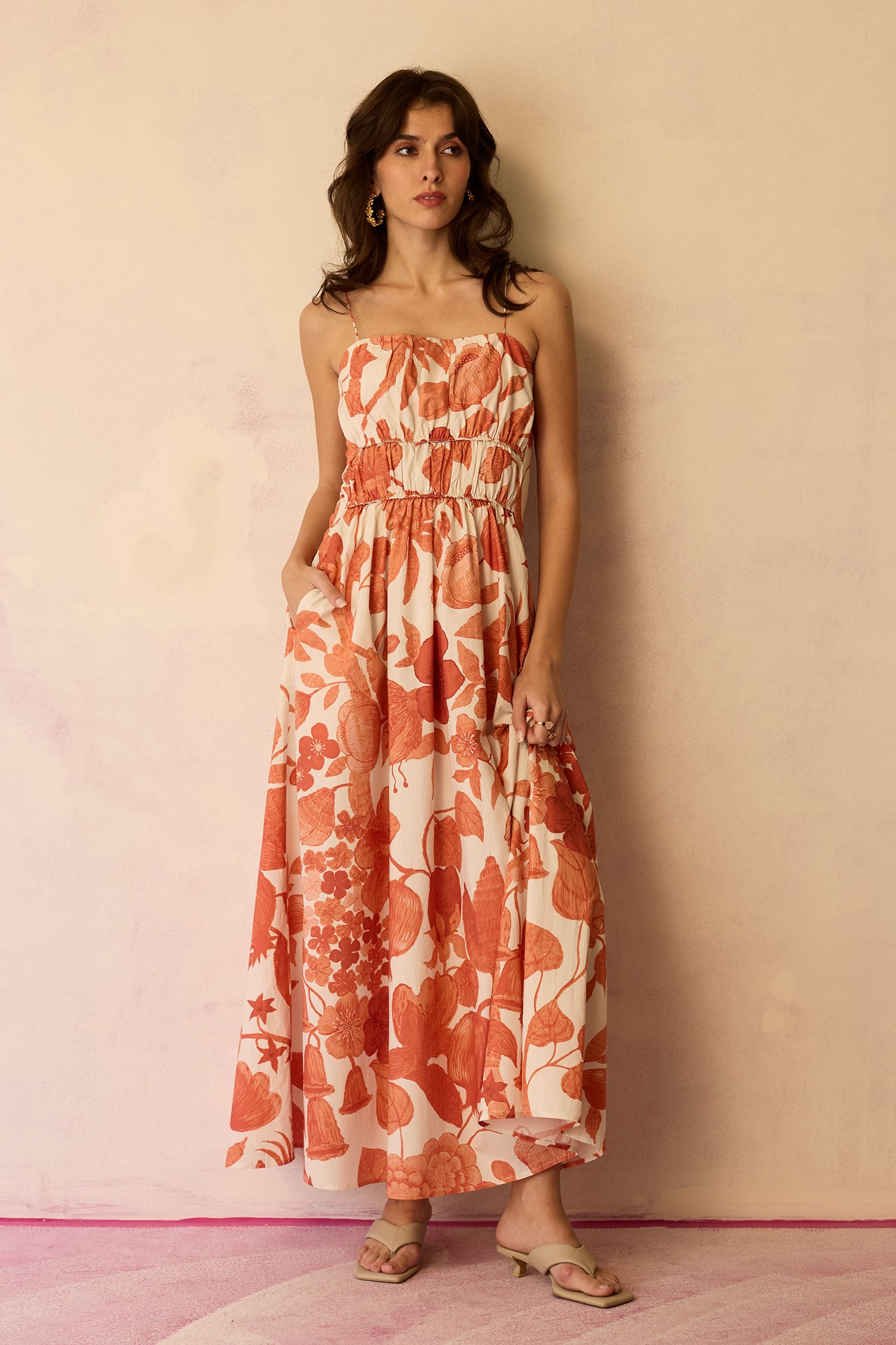 Hibiscus Anaar Smocked Bodice Maxi Dress - Coral