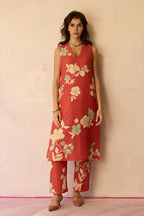 Hibiscus Anaar V-Neck Co-ord Set - Coral