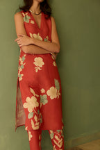 Hibiscus Anaar V-Neck Co-ord Set - Coral