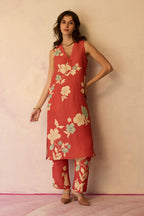 Hibiscus Anaar V-Neck Co-ord Set - Coral