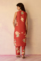 Hibiscus Anaar V-Neck Co-ord Set - Coral