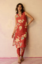 Hibiscus Anaar V-Neck Co-ord Set - Coral