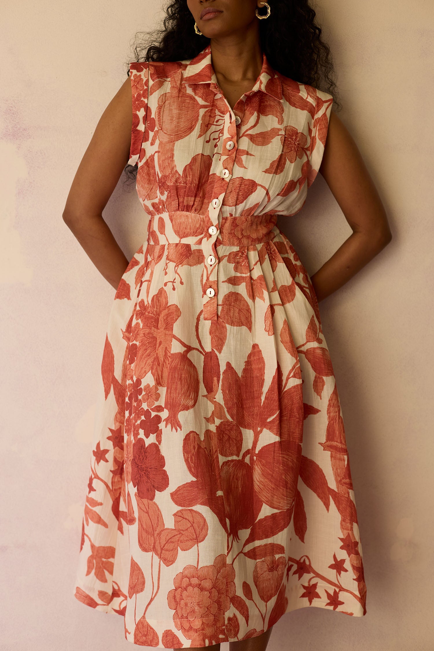 Hibiscus Anaar Sleeveless Shirt Midi Dress - Coral