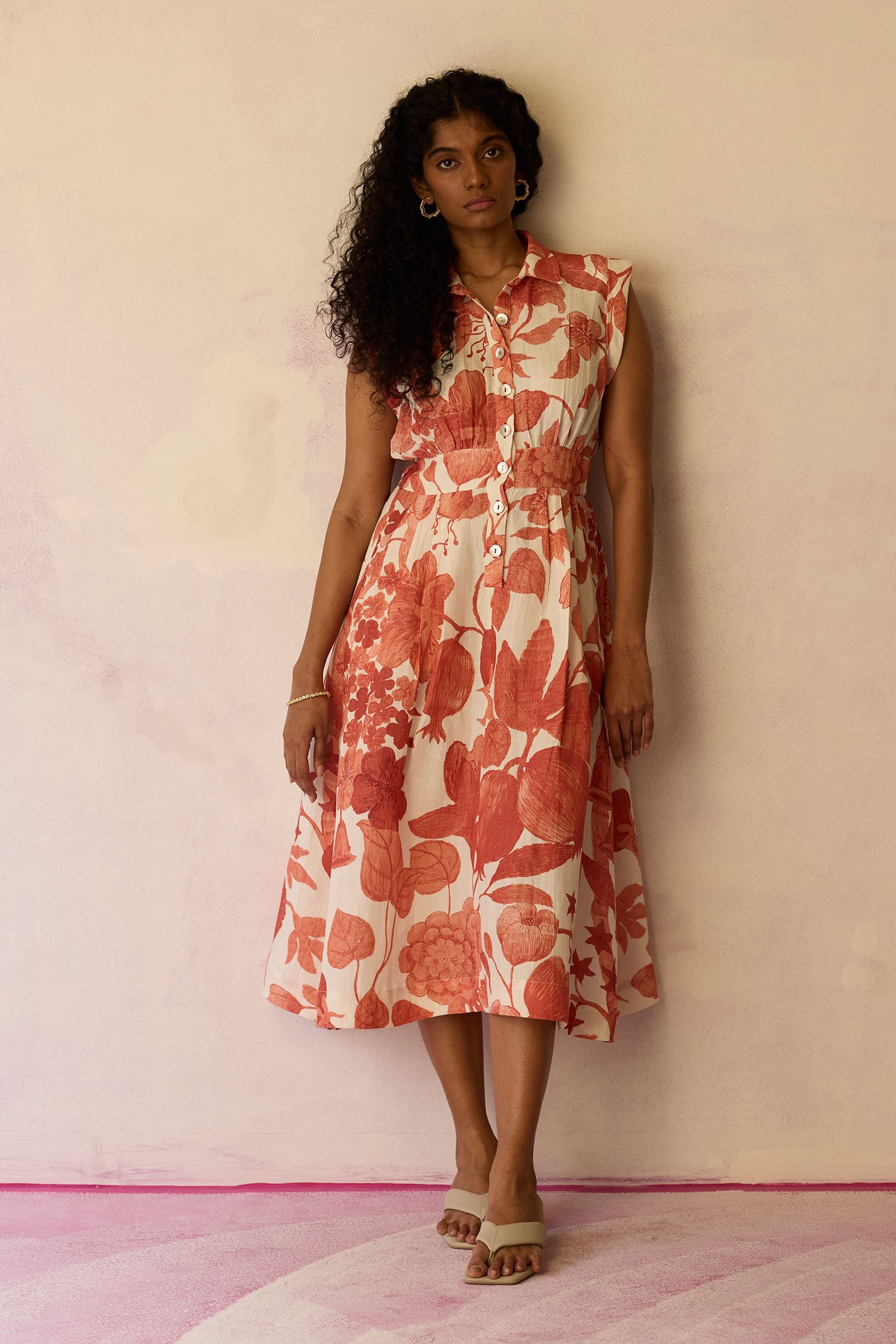 Hibiscus Anaar Sleeveless Shirt Midi Dress - Coral