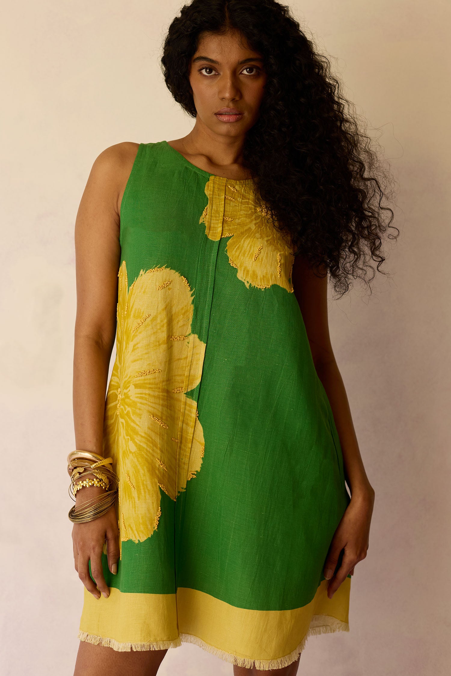 Hibiscus Anaar Embroidered Yoke Mini Dress in Green XS Hibiscus Anaar Embroidered Yoke Mini Dress in Green XS