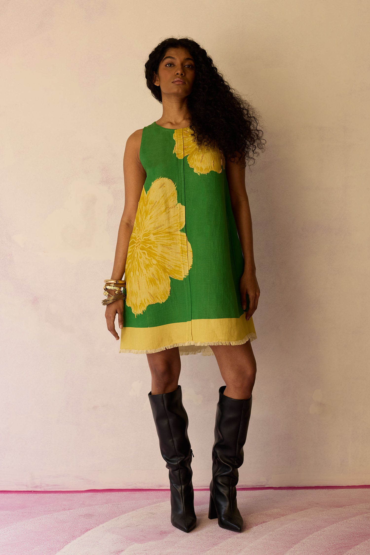 Hibiscus Anaar Embroidered Yoke Mini Dress in Green XS Hibiscus Anaar Embroidered Yoke Mini Dress in Green XS