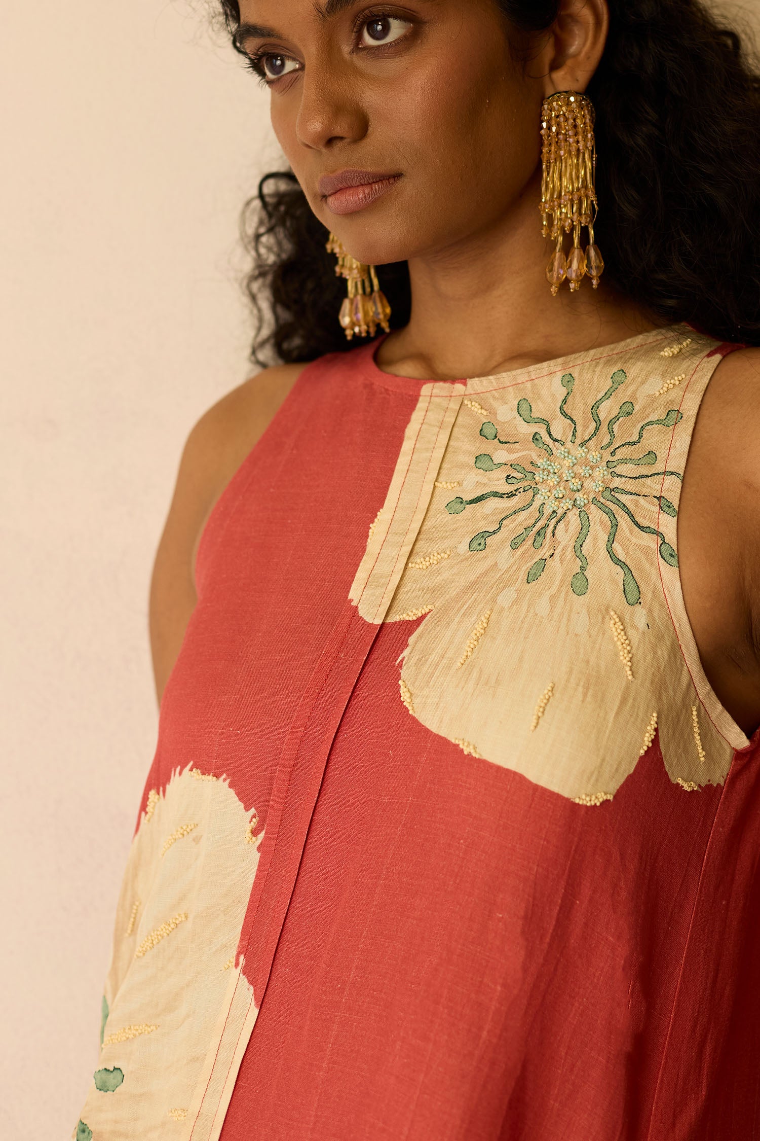 Hibiscus Anaar Embroidered Yoke Mini Dress - Coral