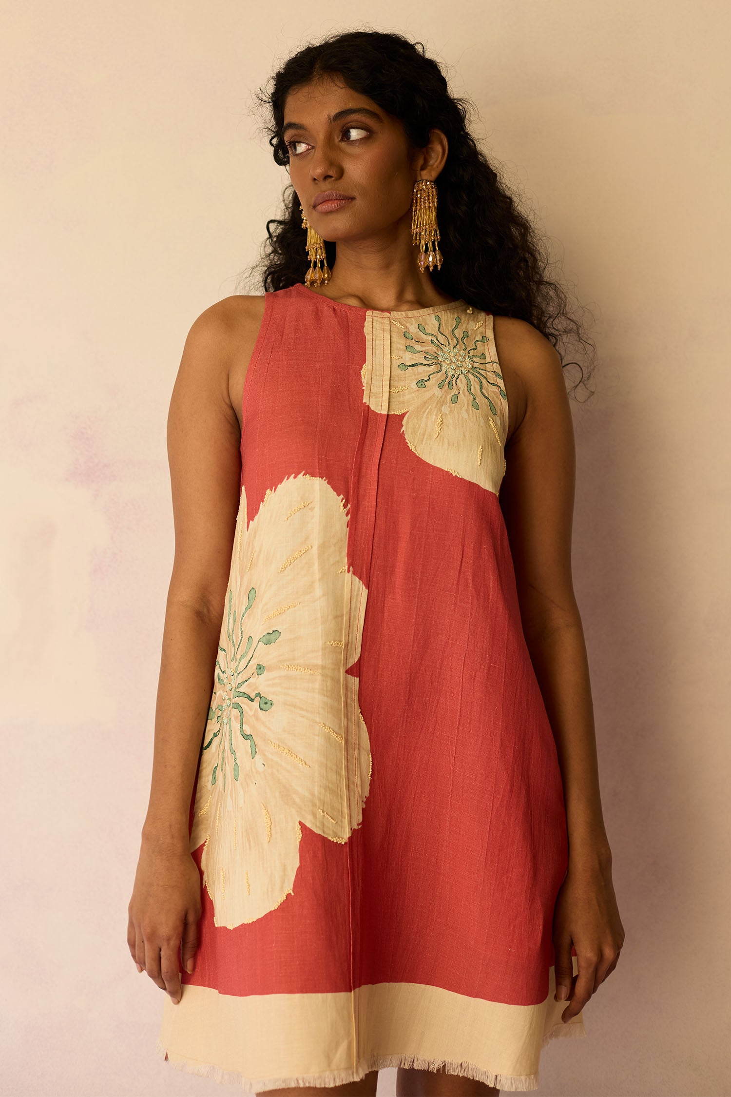 Hibiscus Anaar Embroidered Yoke Mini Dress - Coral