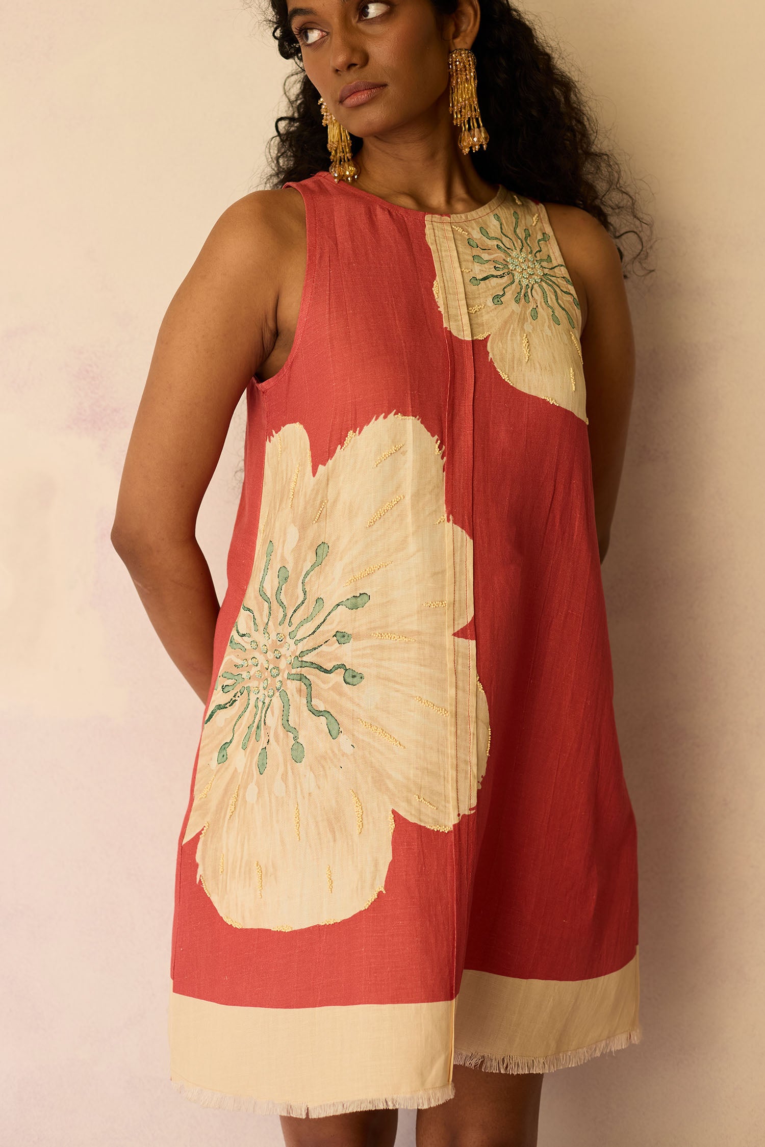 Hibiscus Anaar Embroidered Yoke Mini Dress - Coral