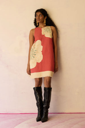 Hibiscus Anaar Embroidered Yoke Mini Dress - Coral