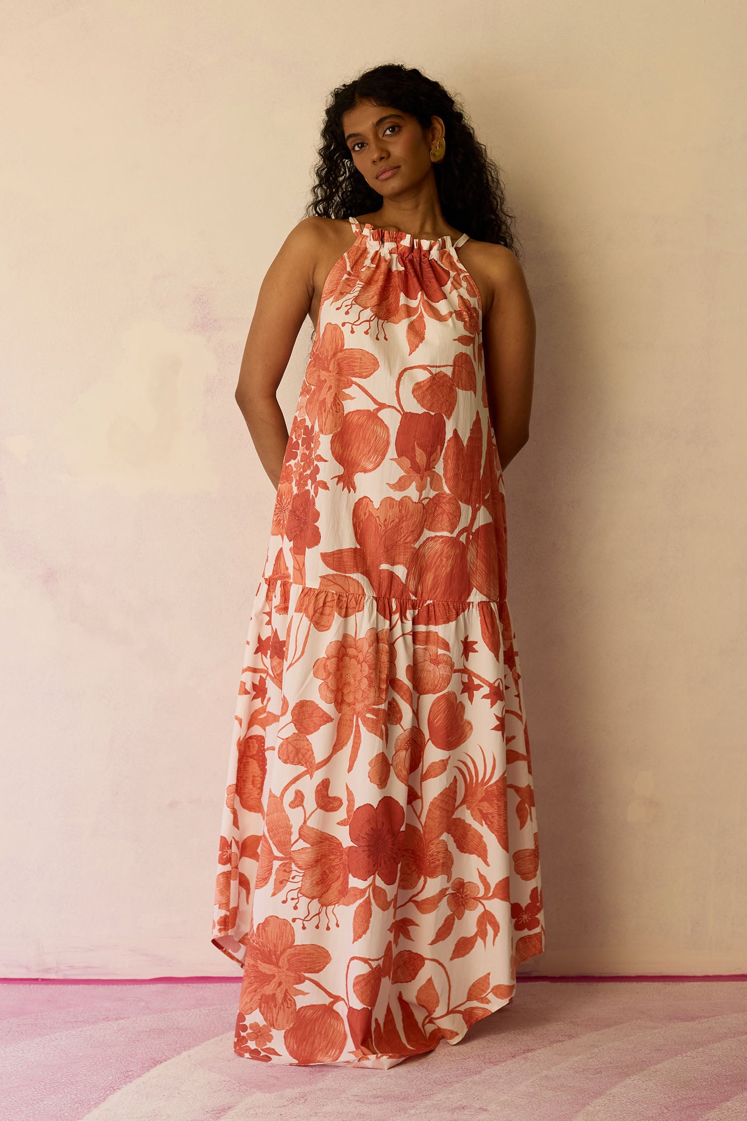 Hibiscus Anaar Gathered Sleeveless Maxi Dress - Coral