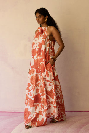 Hibiscus Anaar Gathered Sleeveless Maxi Dress - Coral