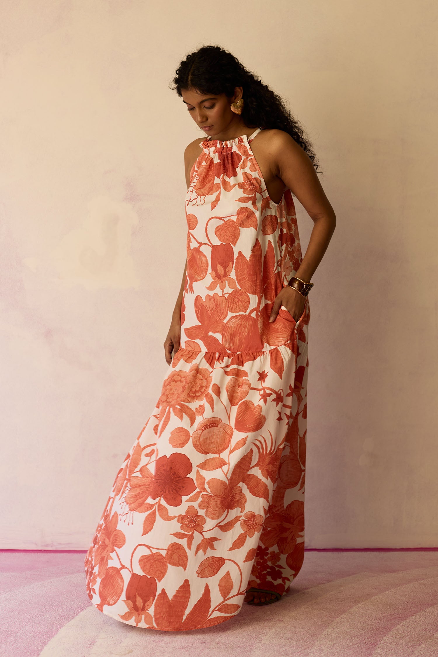 Hibiscus Anaar Gathered Sleeveless Maxi Dress - Coral