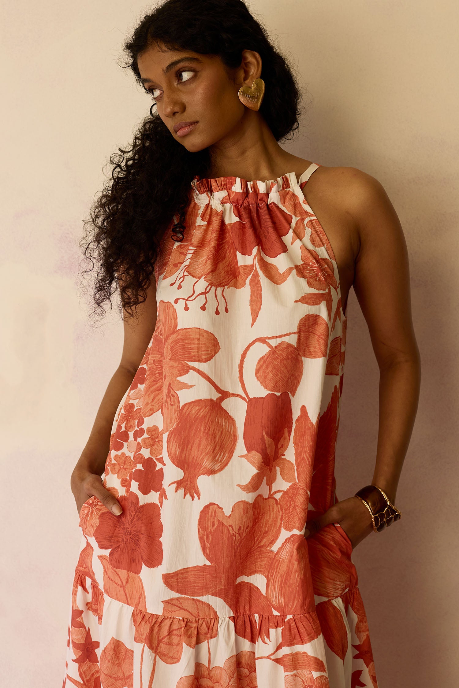 Hibiscus Anaar Gathered Sleeveless Maxi Dress - Coral