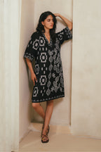 Black Floral Ikat Mini Shift Dress