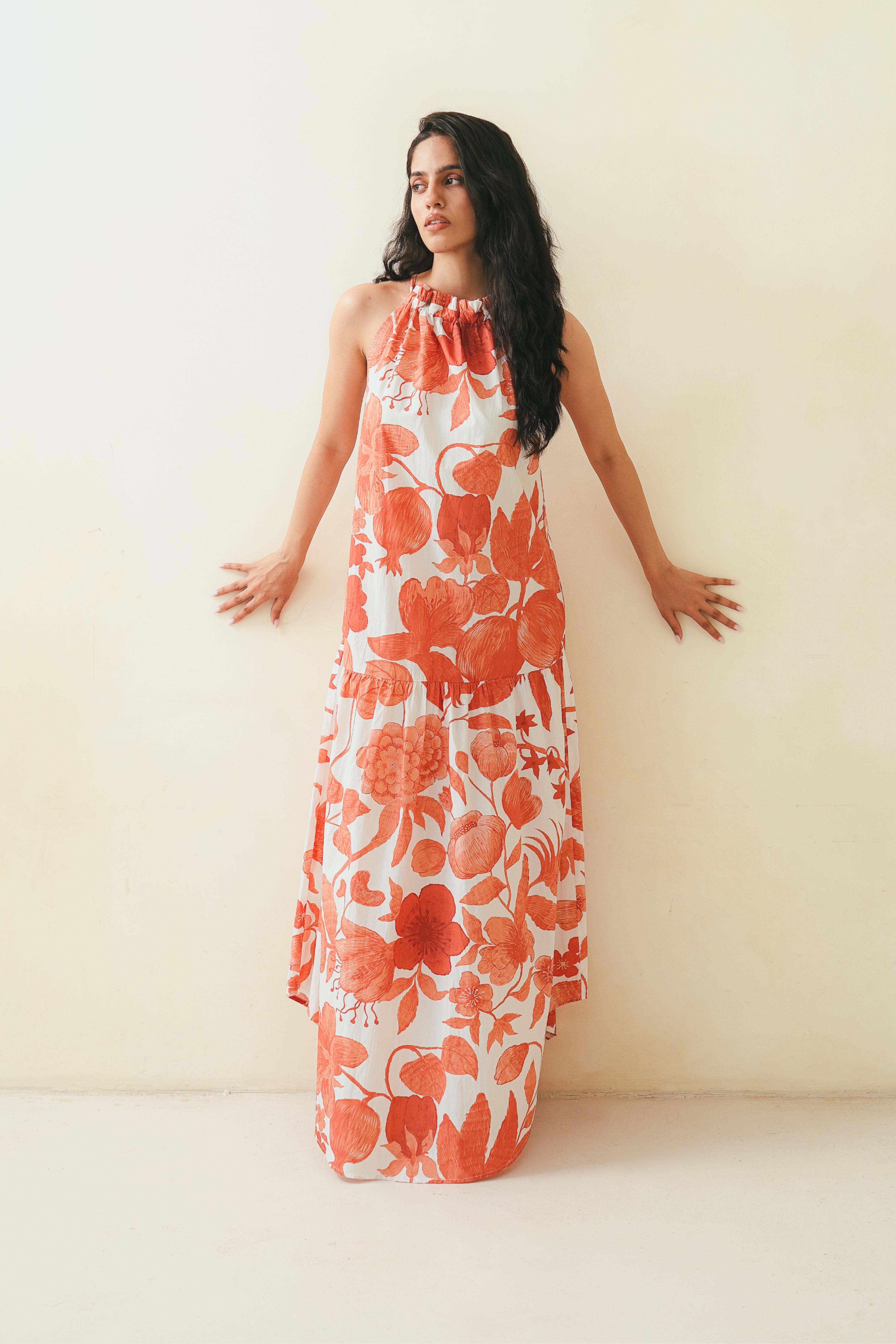 Hibiscus Anaar Gathered Sleeveless Maxi Dress - Coral