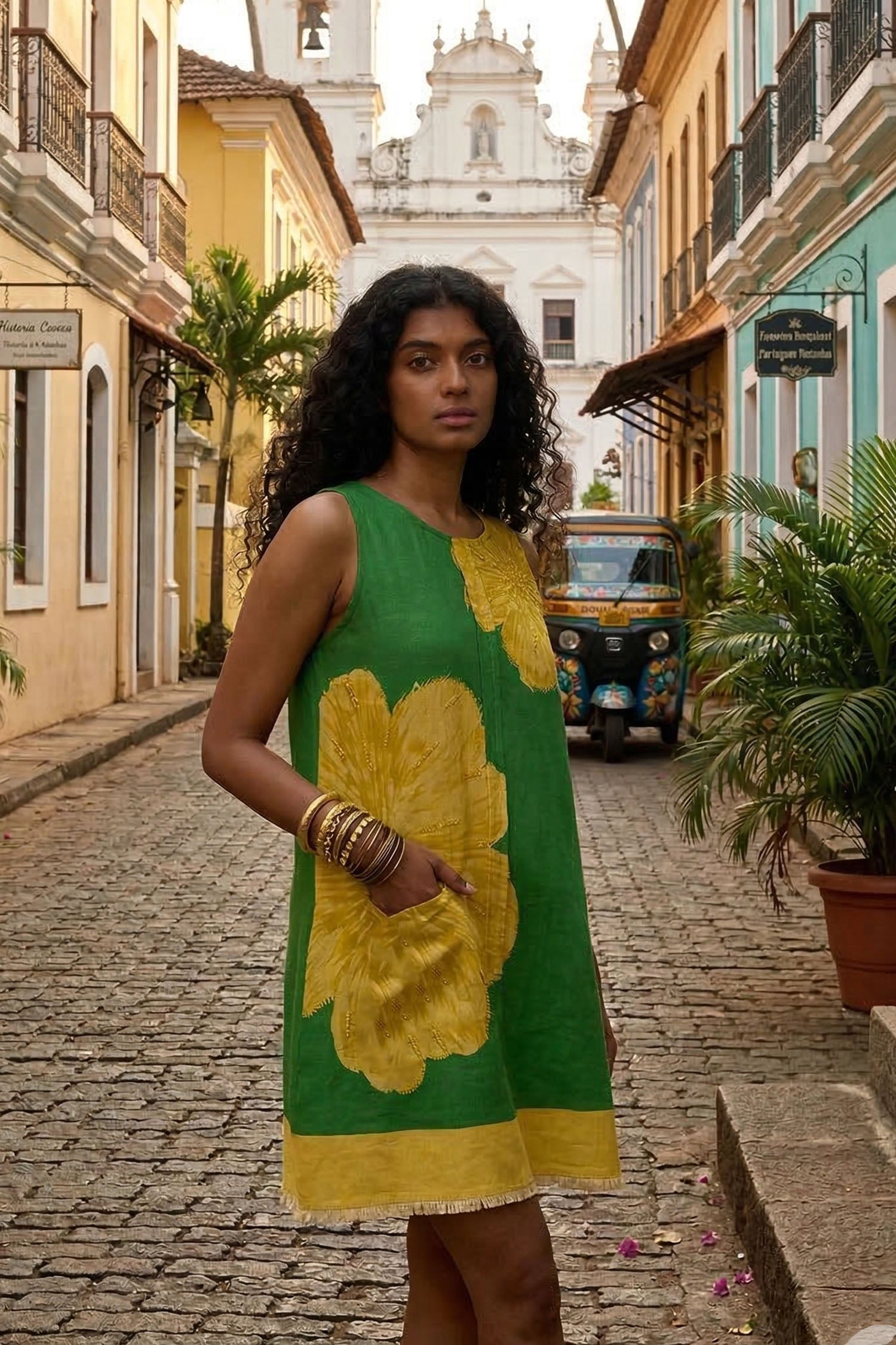 Hibiscus Anaar Embroidered Yoke Mini Dress - Fern